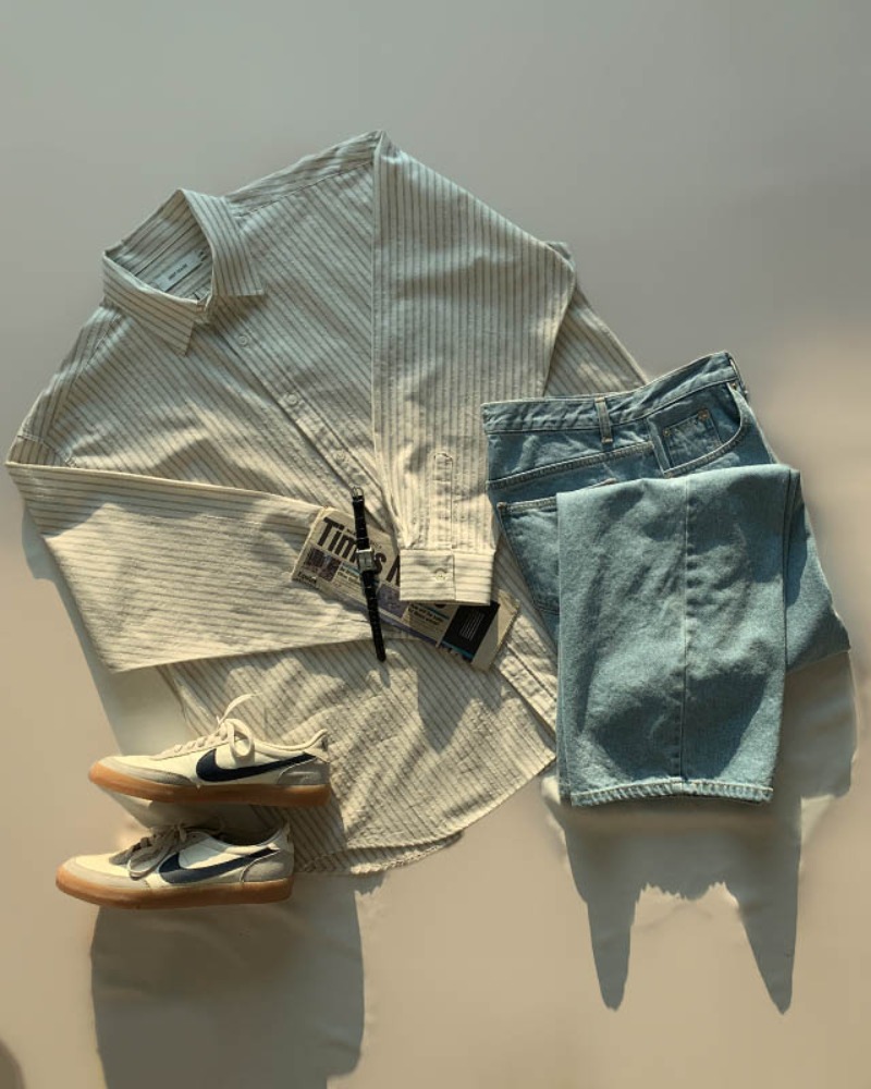 리콜 스트라이프 셔츠 &amp; 심플 페이딩 데님팬츠